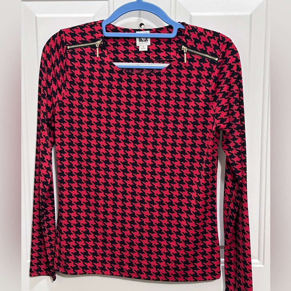 Anne Klein Red and Black Houndstooth Blouse